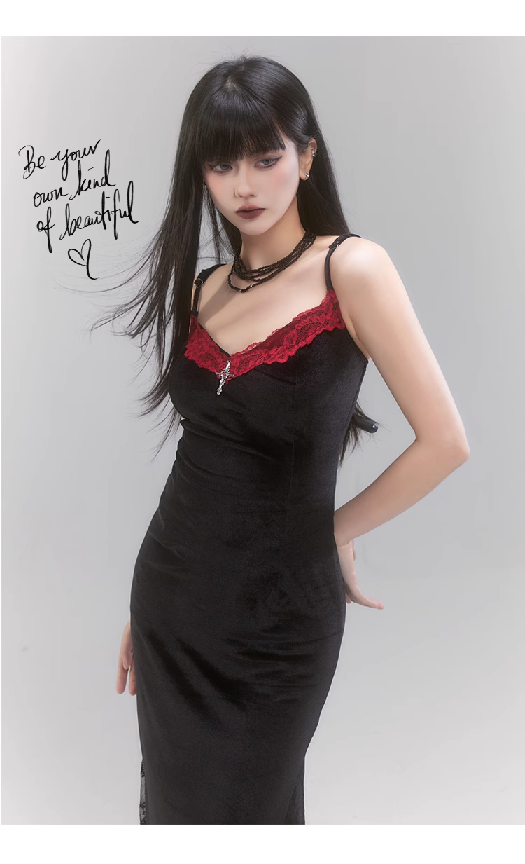 Simple Fashion Black Velvet Red Lace Spaghetti Strap Dress TP2956