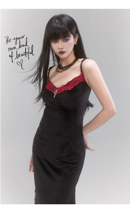 Simple Fashion Black Velvet Red Lace Spaghetti Strap Dress TP2956