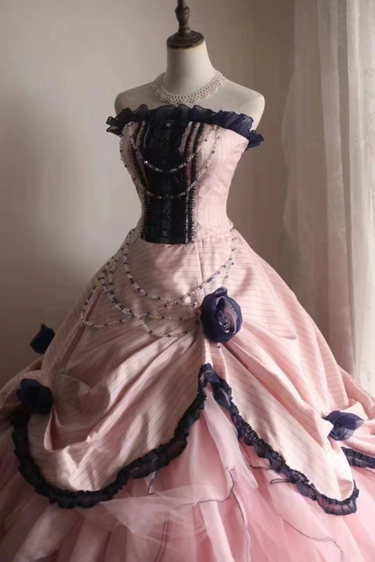 Chic Pink 3D Floral Applique A-Line Strapless Long Quinceanera Ball Gown TP5221