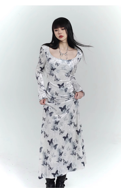 New Fashion Butterfly Pattern Design Sense White Long-sleeved Dress TP2929