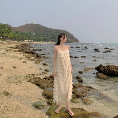 New Fashion Tassels Design Pink Beach Elegant Spaghetti Strap Dress TP2965