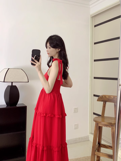 New Fashion Red Casual Sleeveless Beach Spaghetti Strap Dress TP2978