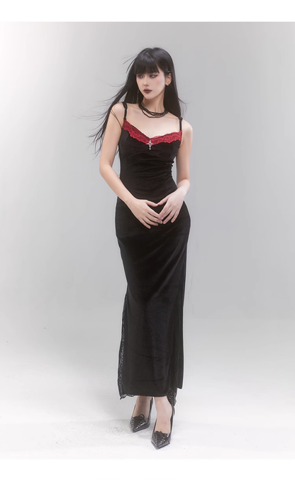 Simple Fashion Black Velvet Red Lace Spaghetti Strap Dress TP2956