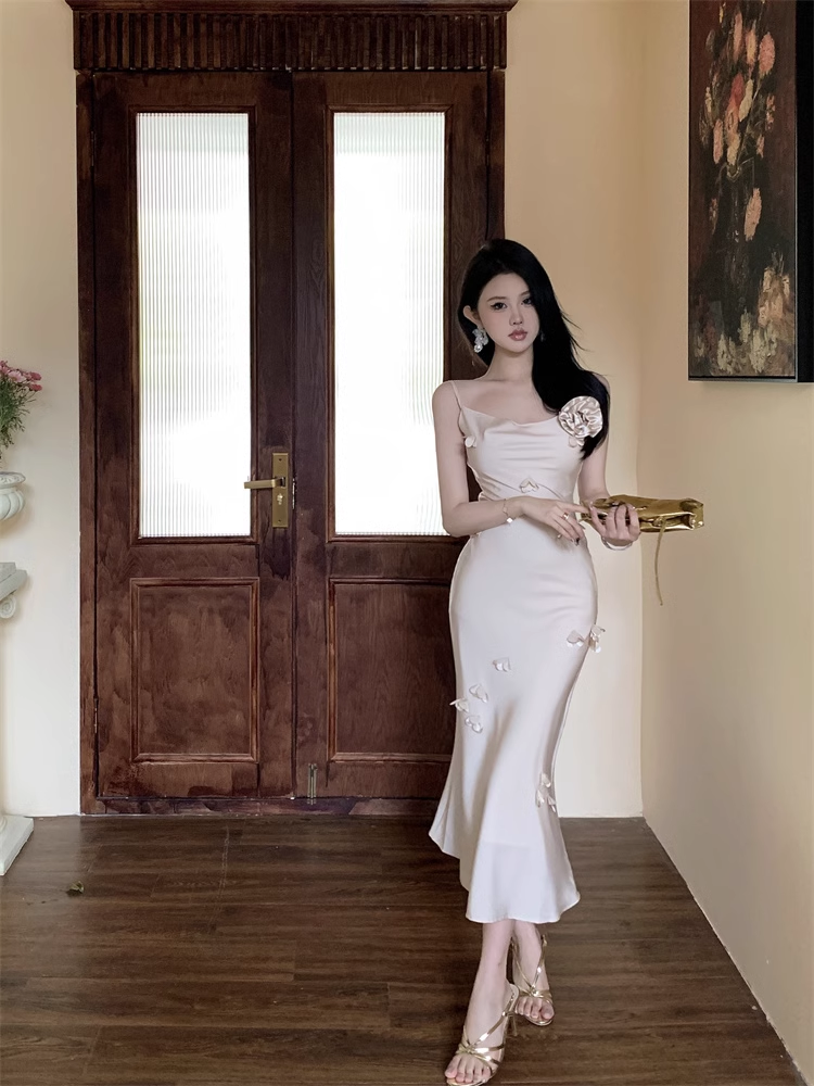 New Elegant Three-dimensional Floral Decoration Slim Mermaid Spaghetti Strap Dress TP2969