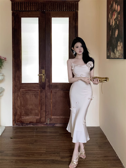 New Elegant Three-dimensional Floral Decoration Slim Mermaid Spaghetti Strap Dress TP2969
