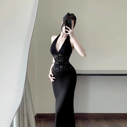 Women New Fashion Black Gauze Satin Halter Dress TP2870