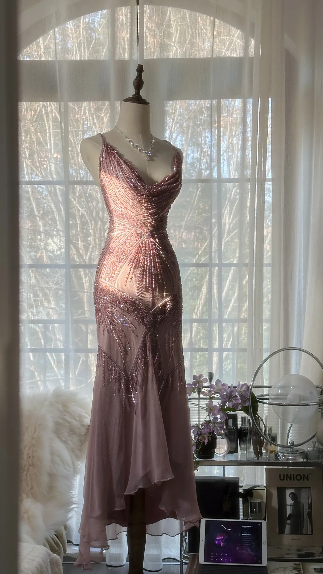 Vintage Pink Sparkling Elegant Beaded Sweetheart Romantic Chiffon Evening Dress TP3978