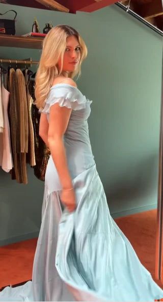 Elegant Light Blue Off-the-Shoulder Ruffled Prom Dress Evening Gown TP5730