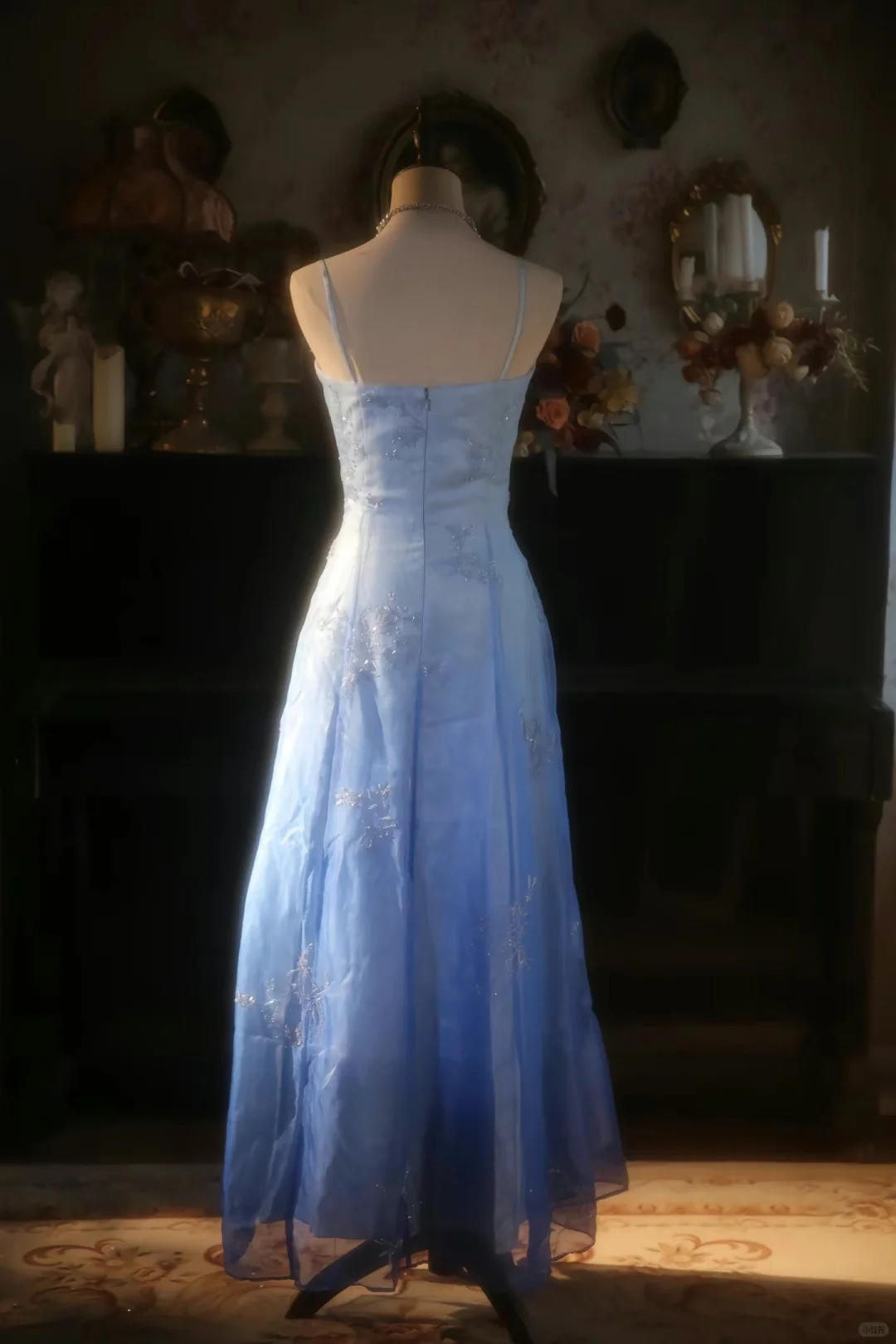 Vintage Light Blue Spaghetti Strap Sequin Evening Gown TP5529