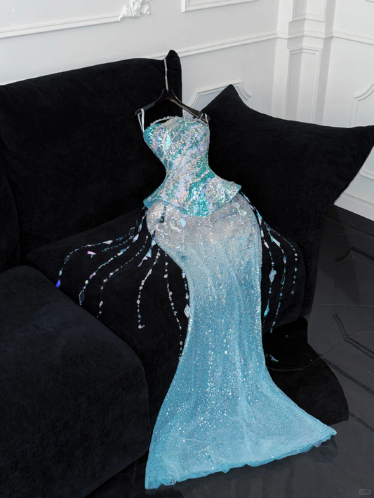 Gorgeous Sparkling Blue Sequin Beaded Mermaid Elegant Chiffon Evening Dress Prom Dresses TP4154
