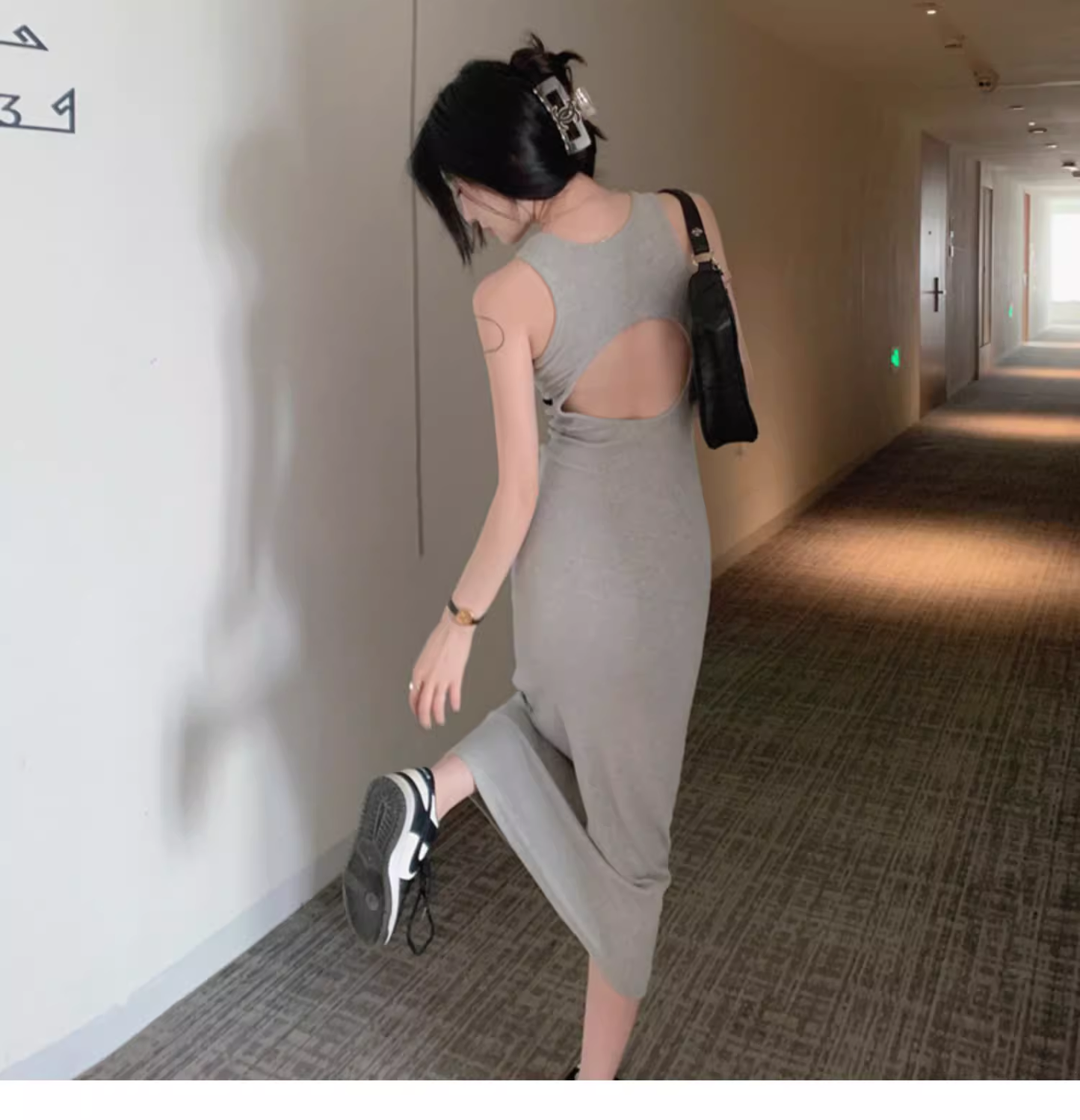 Simple Women Fashion Gray Black Halter Dress TP2988