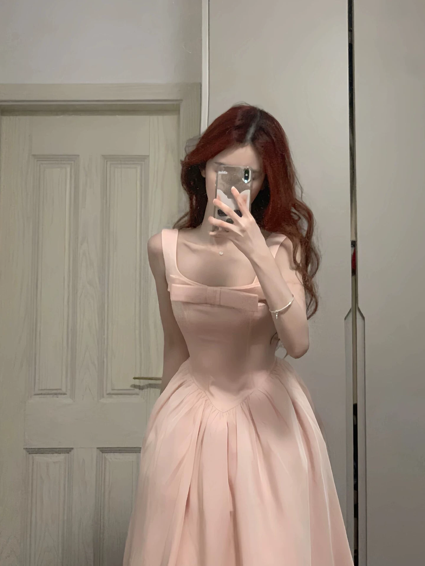 Vintage Pink Square Neck Bow Princess A-Line Midi Evening Gown TP6082