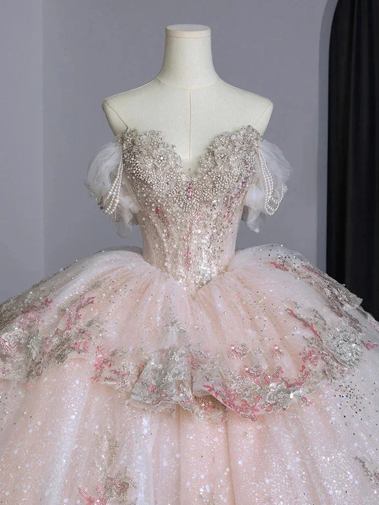 Vintage Pink Glittering Beaded Sweetheart Tulle Sweet 16 Quinceanera A-Line Off-the-shoulder Evening Dress Long Ball Gown TP4989