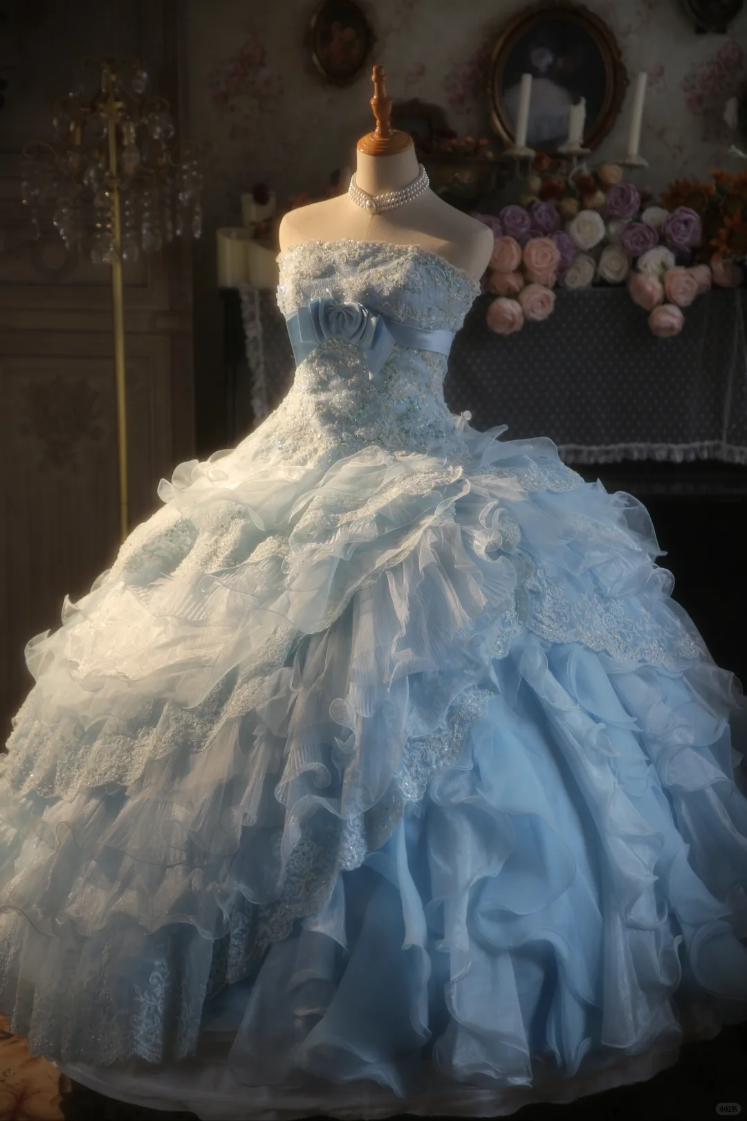 Gorgeous Light Blue Strapless Ruffled Lace Sequin Sweet 15 Quinceanera Ball Gown TP5517