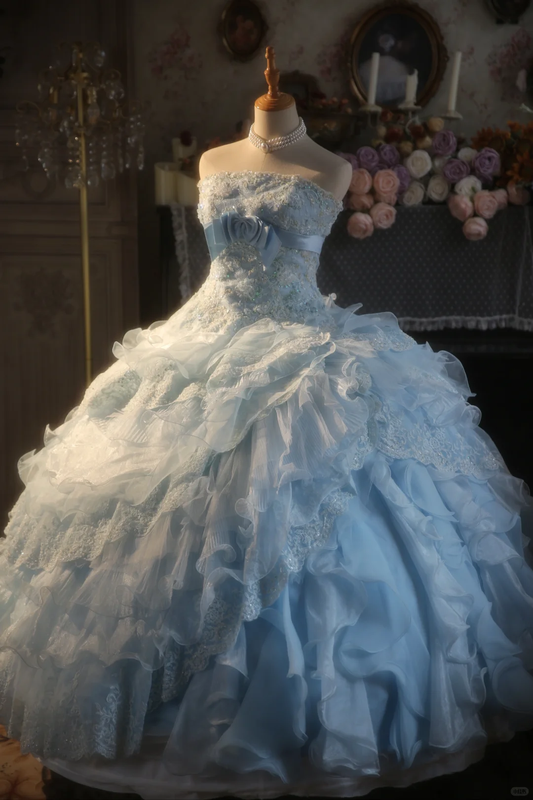 Gorgeous Light Blue Strapless Ruffled Lace Sequin Sweet 15 Quinceanera Ball Gown TP5517