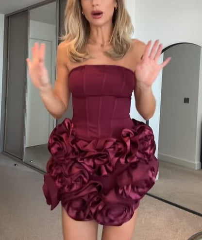 Vintage Burgundy Strapless 3D Rose A-Line Homecoming Dress TP6034