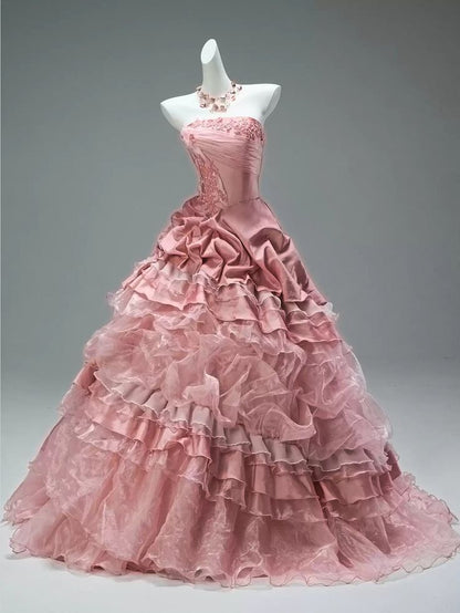 Vintage Pink Beaded Applique A-Line Strapless Ruffled Tiered Quinceañera Ball Gown TP5176