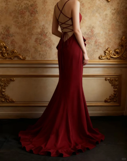Chic Burgundy Spaghetti Strap Mermaid Gown Cascading Ruffles Prom Dress TP5643