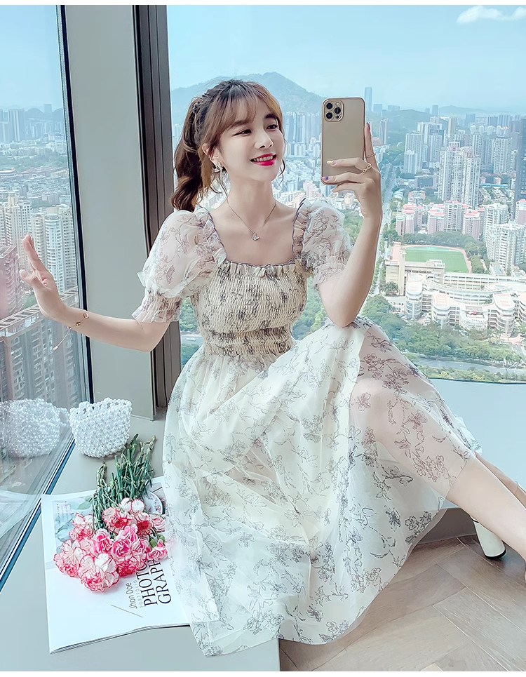 Simple Fashion Floral Short Sleeves Design Chiffon Women Dress TP3053
