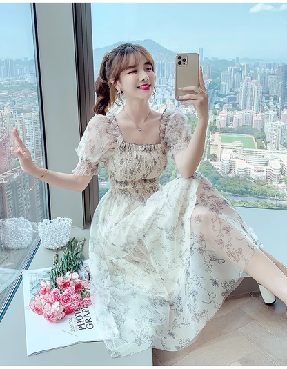 Simple Fashion Floral Short Sleeves Design Chiffon Women Dress TP3053