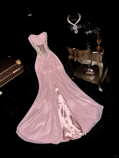 Vintage Pink Strapless A-Line Lace-Up Bodice Sweetheart Satin Evening Gown TP5372