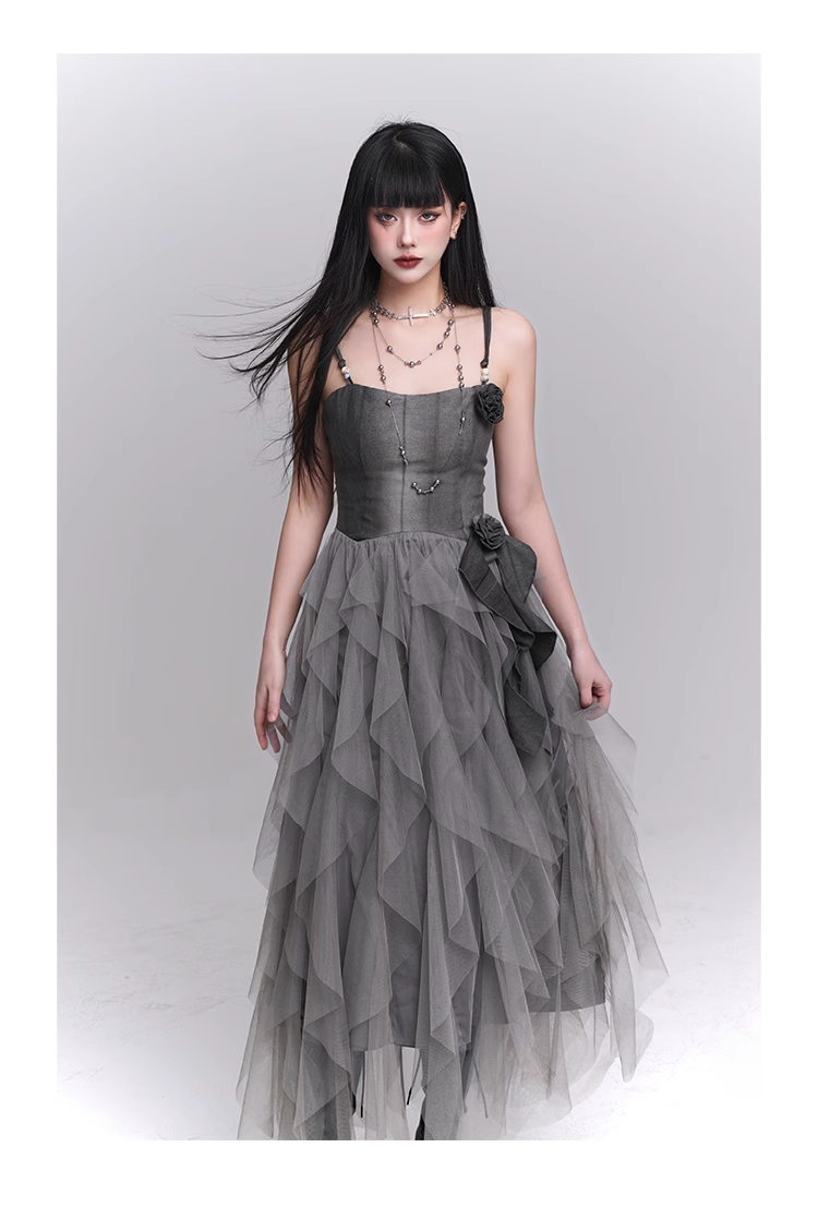 Simple Fashion Gray Rose Flower Design Women Spaghetti Strap Dress TP2943