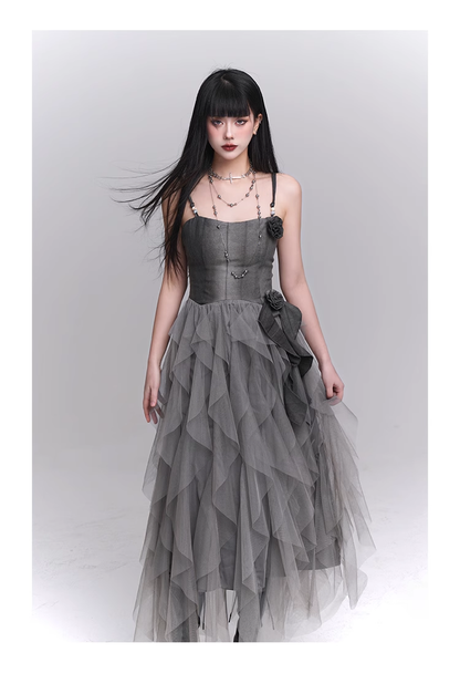 Simple Fashion Gray Rose Flower Design Women Spaghetti Strap Dress TP2943