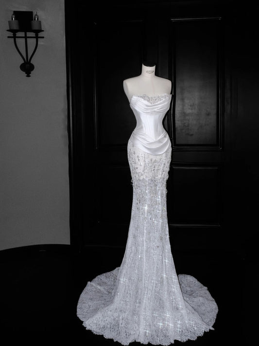 Glamorous Strapless Satin Mermaid Beaded Lace Chapel Train Wedding Dress TP5420