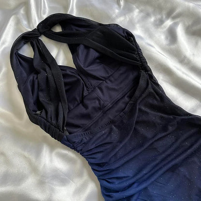 Vintage Gradient Navy Blue/Purple Exquisite Beaded Halter-neck Sheath Prom Dress Evening Dress TP4344