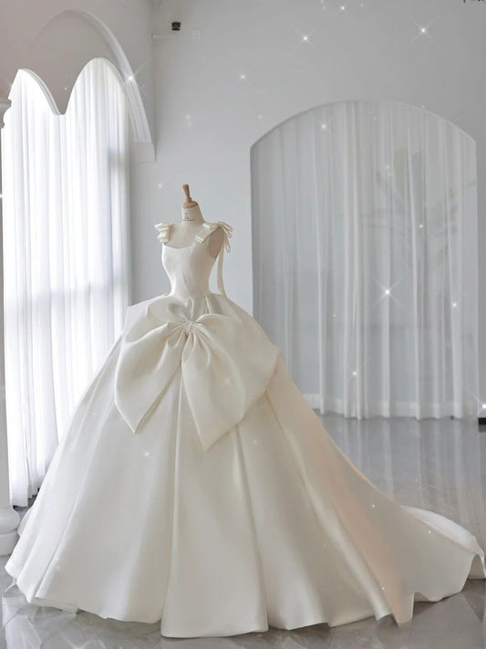 Vintage-Inspired Bow-Accented Satin Wedding Dress A-Line Bridal Gown TP5097