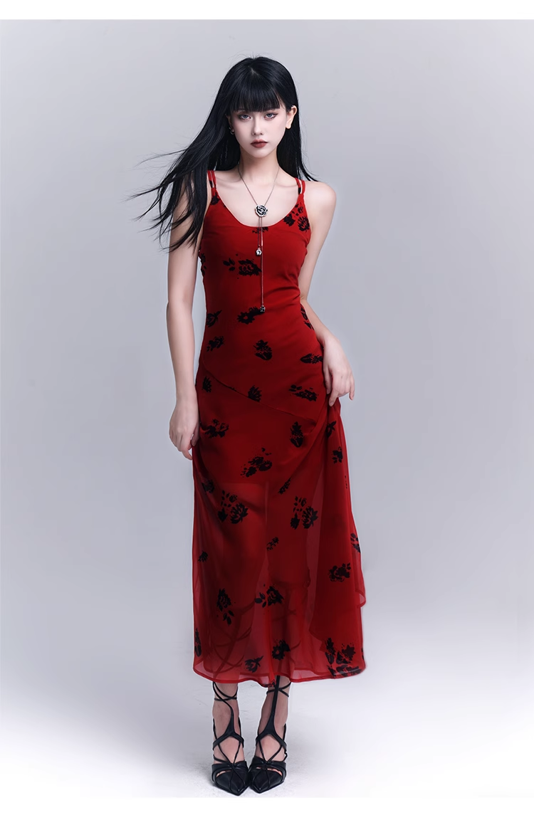 Simple Fashion Floral Pattern Design Spaghetti Strap Dress TP2948