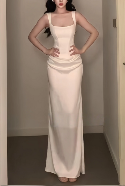 Vintage White Satin Square Neck Ruched Sheath Evening Gown TP6079