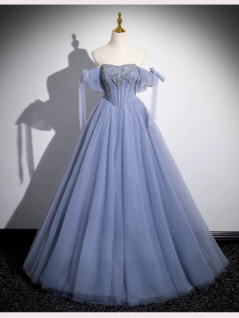 Vintage Dusty Blue Tulle Beaded Puff Sleeves A-Line Quinceanera Ball Gown TP5197