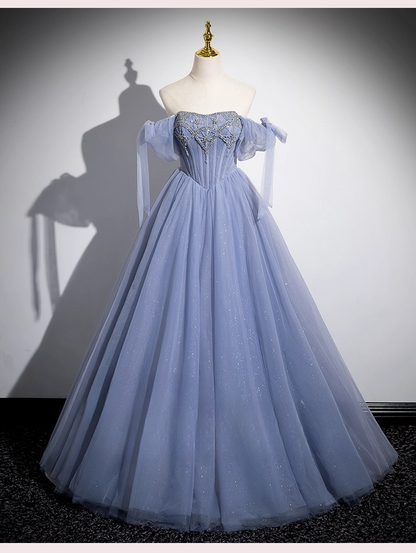 Vintage Dusty Blue Tulle Beaded Puff Sleeves A-Line Quinceanera Ball Gown TP5197