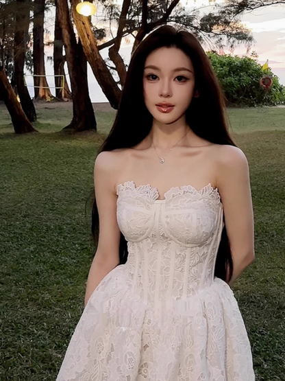 Vintage White Lace Strapless A-Line Homecoming Dress Party Dress Cocktail Dress TP4718