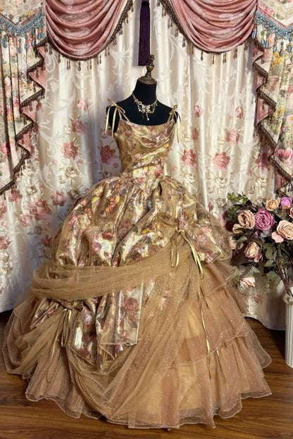 Vintage Gold Floral Spaghetti Strap A-Line Sparkle Tulle Layered Sweet 16 Quinceanera Ball Gown TP5424
