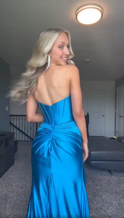 Charming Blue Satin Sweetheart Mermaid High Slit Long Prom Dress Party Dress Evening Dress TP4483