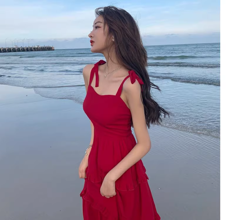 New Fashion Red Casual Sleeveless Beach Spaghetti Strap Dress TP2978