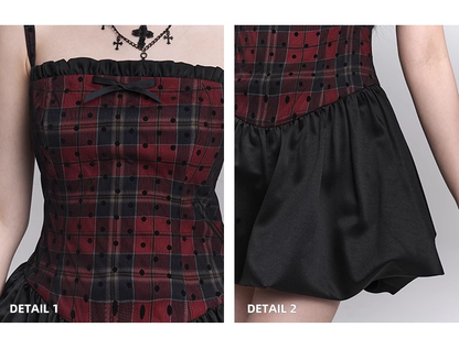 Simple Fashion Red Black Plaid Design Spaghetti Strap Dress TP2951