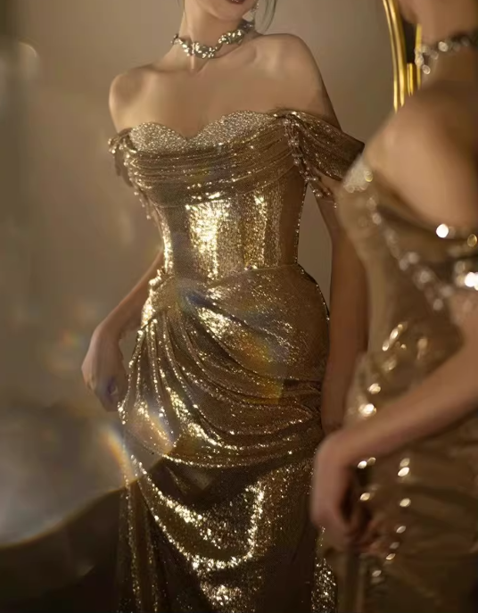 Elegant Gold Sequin Evening Gown Off-the-Shoulder Mermaid Prom Dress TP5663