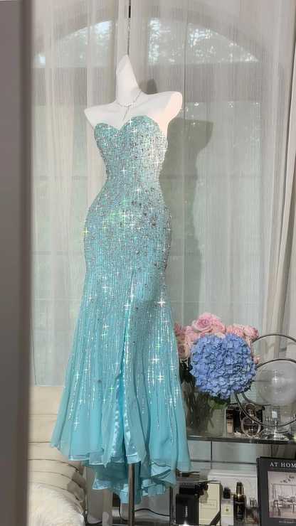Vintage Aqua Beaded Strapless Sweetheart Mermaid Prom Dress TP5826