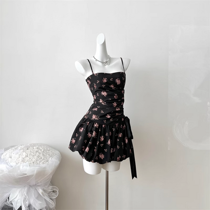 New Fashion Floral Satin Side Waist Lacing Design A-line Sleeveless Spaghetti Strap Dress TP3286