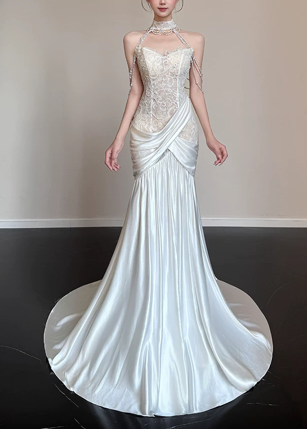Elegant White Mermaid High Neck Beaded Tassel Halter Lace Satin Chapel Train Wedding Dress TP6133