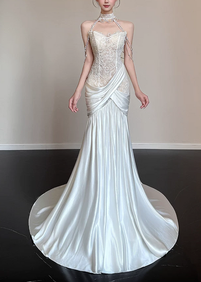 Elegant White Mermaid High Neck Beaded Tassel Halter Lace Satin Chapel Train Wedding Dress TP6133