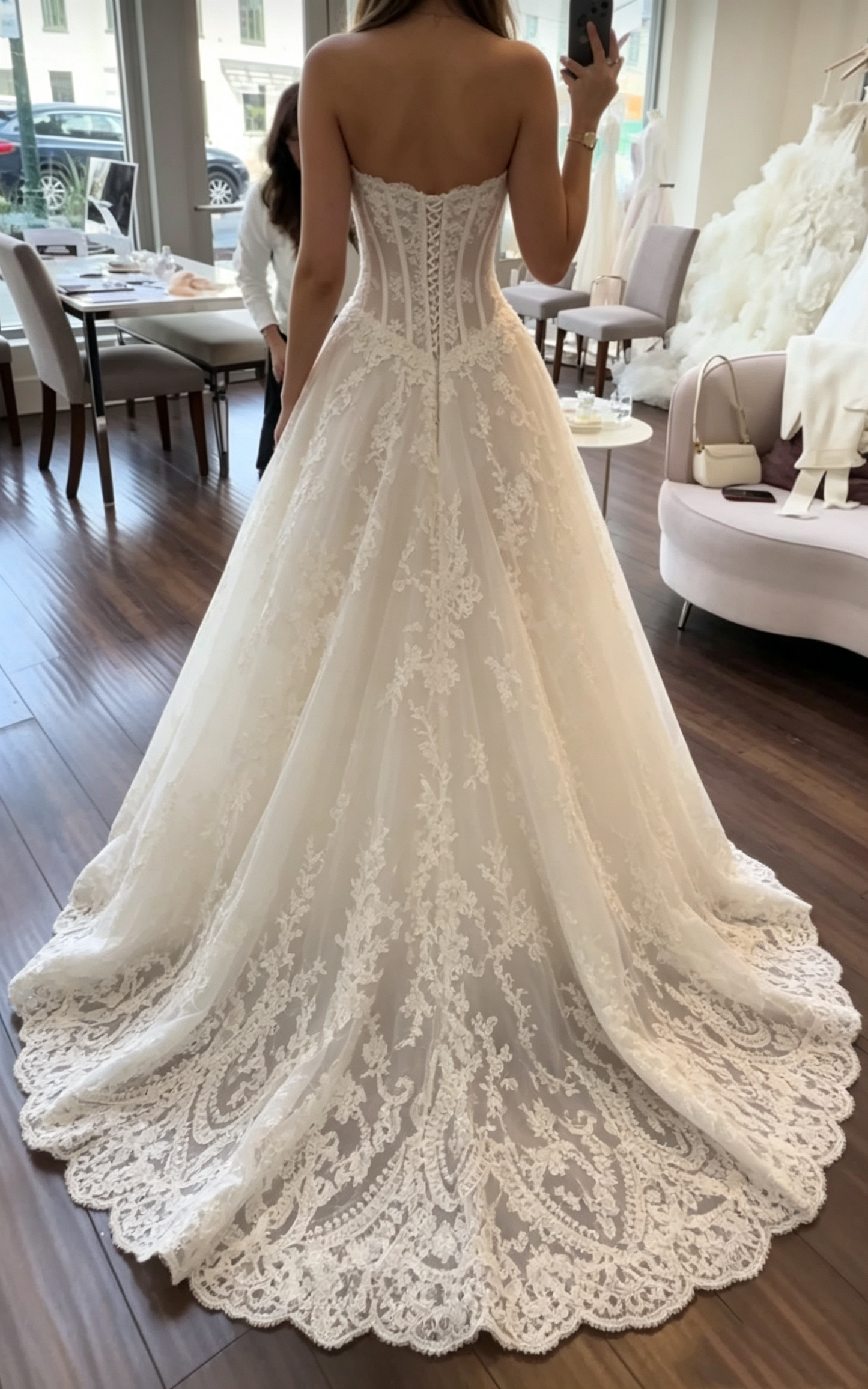 Romantic Strapless Sweetheart Corset Bodice Lace A-Line Chapel Train Wedding Dress TP5995