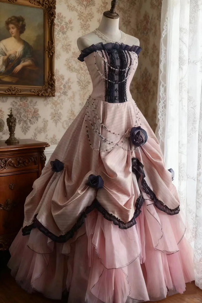 Chic Pink 3D Floral Applique A-Line Strapless Long Quinceanera Ball Gown TP5221