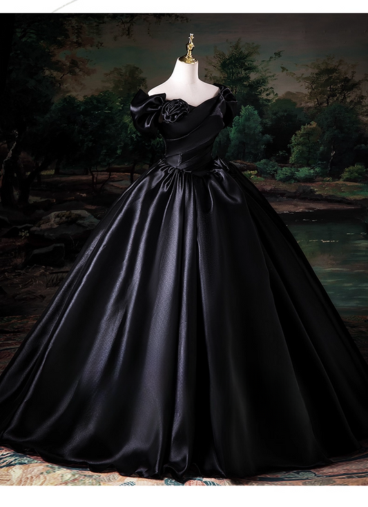 Elegant Black Satin Sweet 16 Quinceanera A-Line Off-the-shoulder Evening Dress Ruffled Ball Gown TP4934