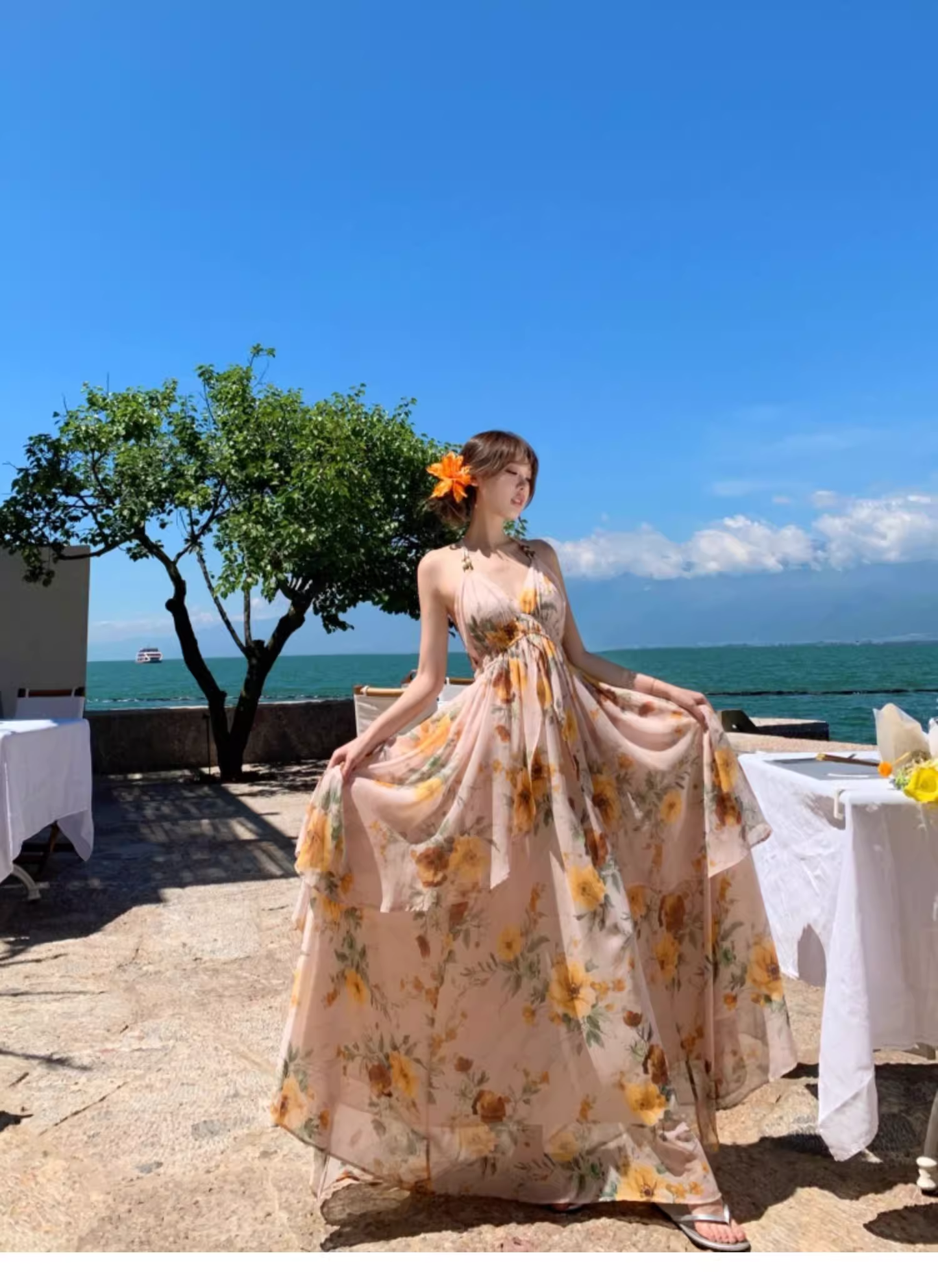 New Fashion Floral V-neck Design Elegant Beach Holiday A-line Sleeveless Halter Dress Summer DressTP4257