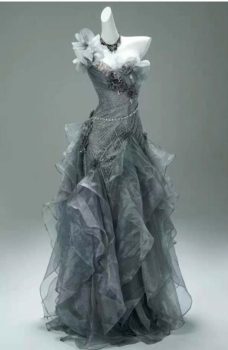 Vintage Gray Ruffled Organza One-Shoulder 3D Floral Beaded Prom Dress TP5867