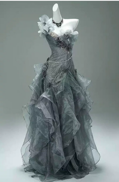 Vintage Gray Ruffled Organza One-Shoulder 3D Floral Beaded Prom Dress TP5867